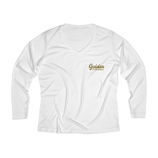 Golden Logo Women's Long Sleeve Performance V-neck Tee - Golden Pickleball Paddles